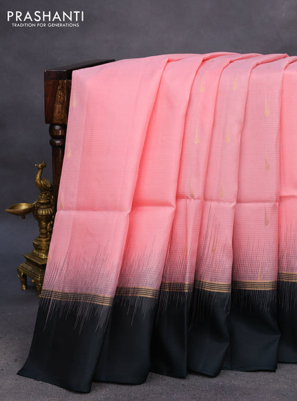 Pure soft silk saree mild peach pink and bottle green with zari woven muniya buttas and zari woven simple border