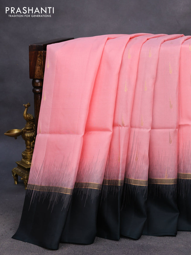 Pure soft silk saree mild peach pink and bottle green with zari woven muniya buttas and zari woven simple border