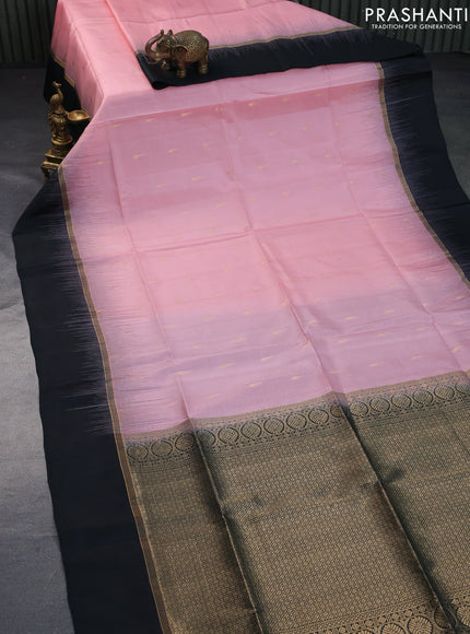 Pure soft silk saree mild peach pink and bottle green with zari woven muniya buttas and zari woven simple border