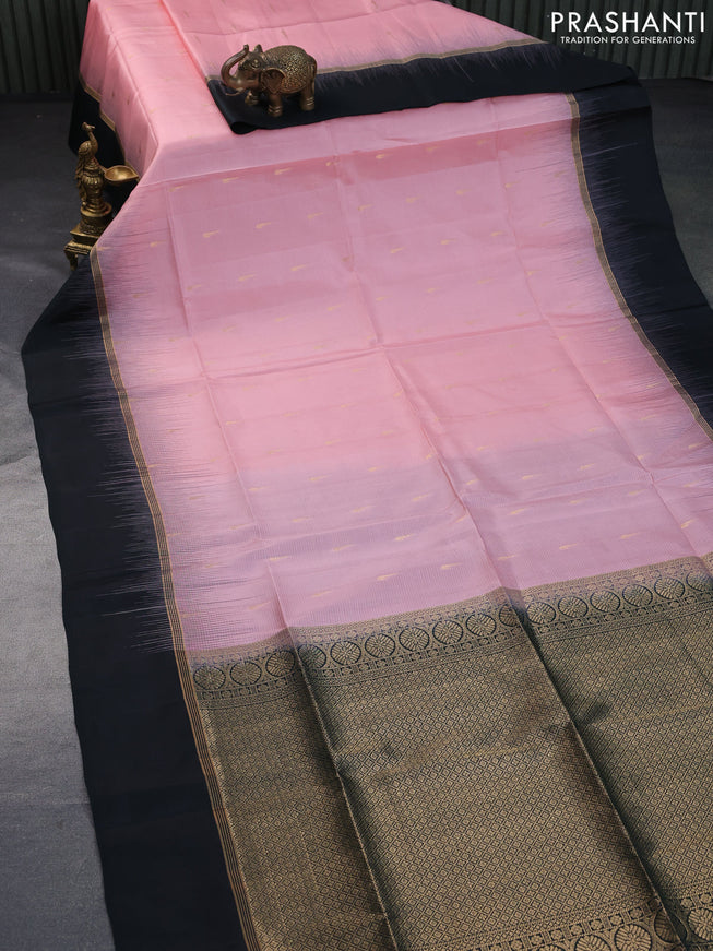 Pure soft silk saree mild peach pink and bottle green with zari woven muniya buttas and zari woven simple border