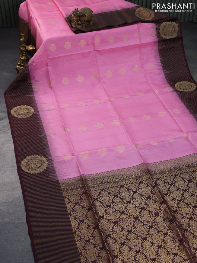 Pure soft silk saree light pink and deep maroon with zari woven buttas and zari woven butta border