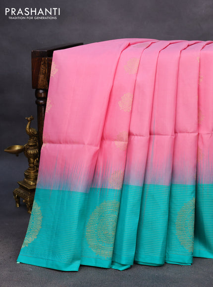 Pure soft silk saree light pink and teal blue shade with zari woven buttas and zari woven butta border