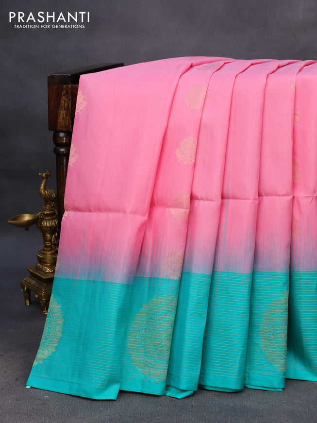 Pure soft silk saree light pink and teal blue shade with zari woven buttas and zari woven butta border