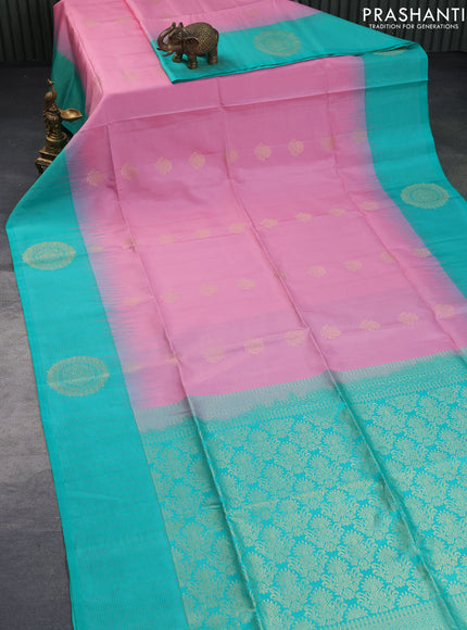 Pure soft silk saree light pink and teal blue shade with zari woven buttas and zari woven butta border