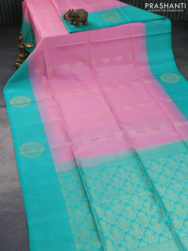 Pure soft silk saree light pink and teal blue shade with zari woven buttas and zari woven butta border