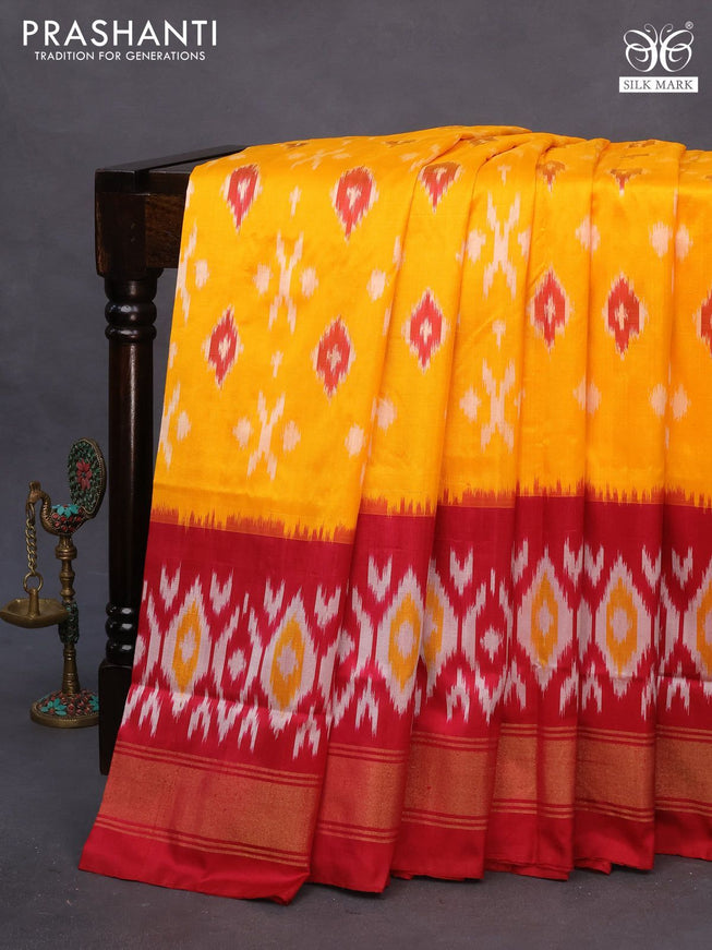 Pochampally silk saree mango yellow and maroon with allover ikat butta weaves and long ikat woven zari border