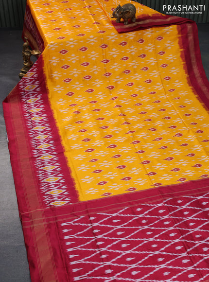 Pochampally silk saree mango yellow and maroon with allover ikat butta weaves and long ikat woven zari border