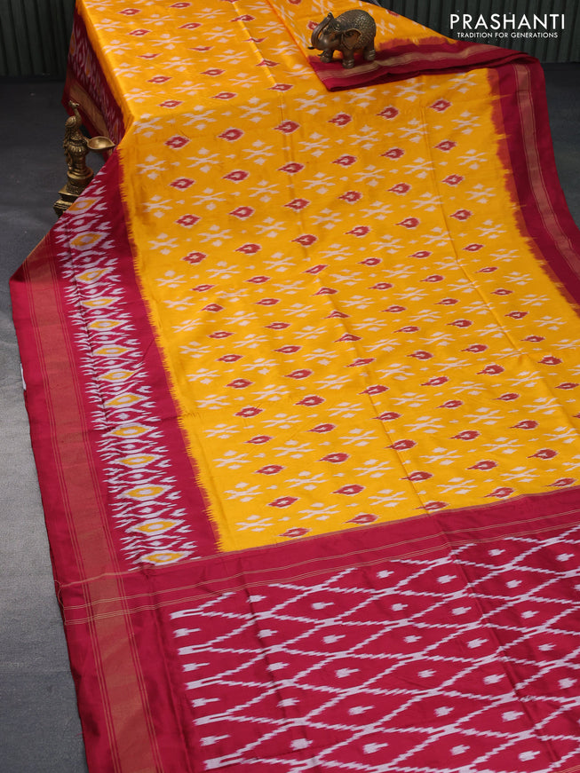 Pochampally silk saree mango yellow and maroon with allover ikat butta weaves and long ikat woven zari border