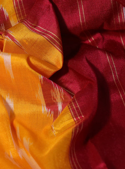 Pochampally silk saree mango yellow and maroon with allover ikat butta weaves and long ikat woven zari border