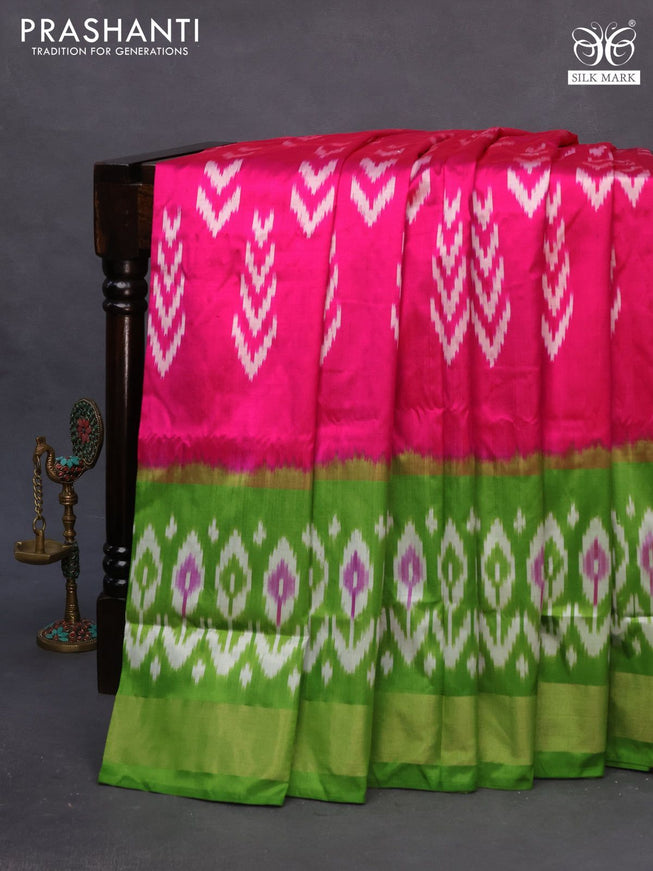 Pochampally silk saree pink and green with allover ikat butta weaves and long ikat woven zari border