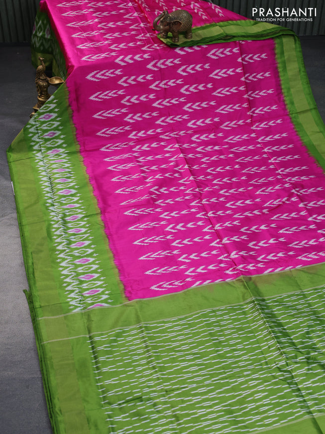 Pochampally silk saree pink and green with allover ikat butta weaves and long ikat woven zari border