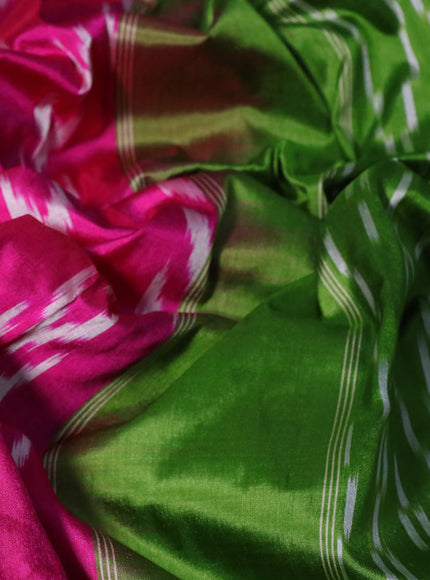 Pochampally silk saree pink and green with allover ikat butta weaves and long ikat woven zari border