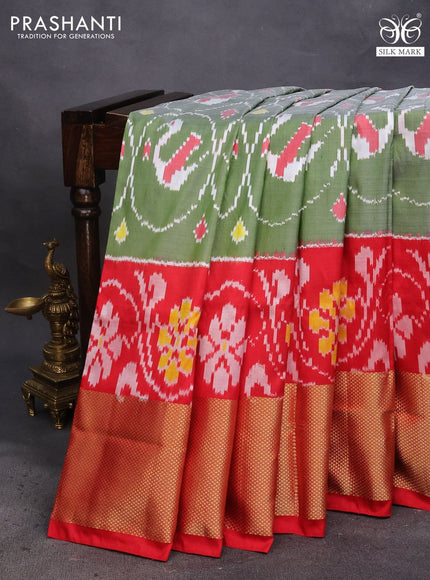 Pochampally silk saree pastel green and red with allover ikat weaves and long zari woven border