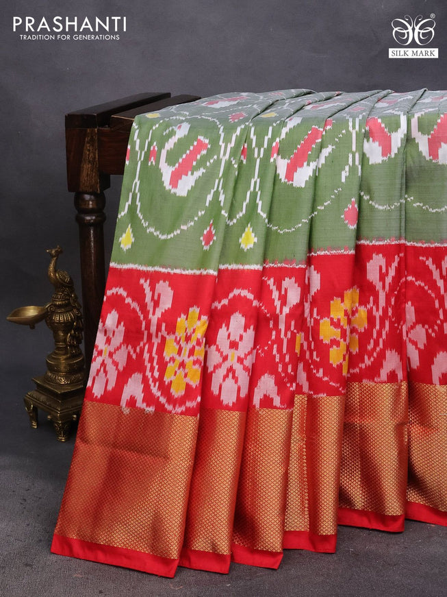 Pochampally silk saree pastel green and red with allover ikat weaves and long zari woven border