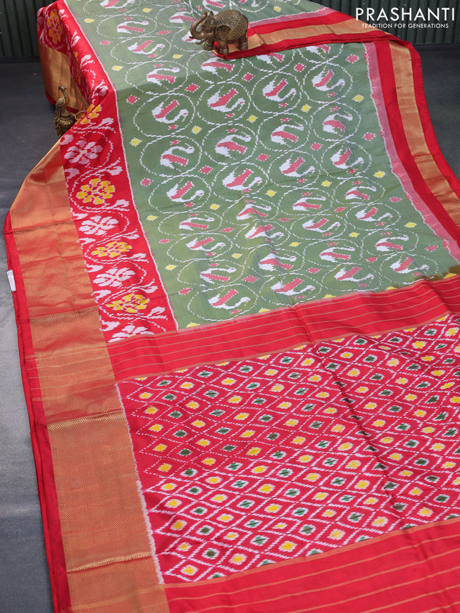 Pochampally silk saree pastel green and red with allover ikat weaves and long zari woven border