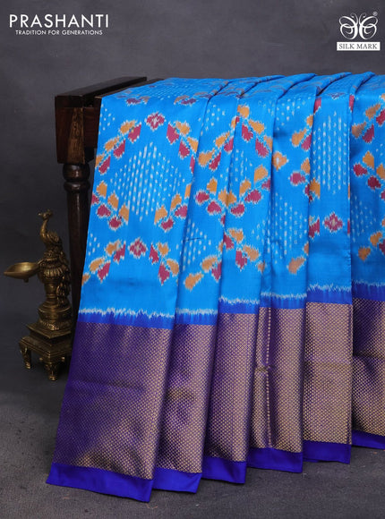 Pochampally silk saree cs blue and blue with allover ikat weaves and long zari woven border