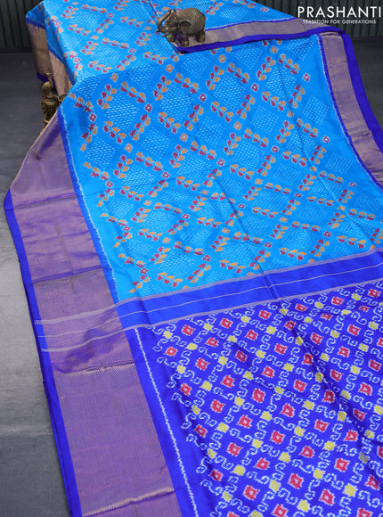 Pochampally silk saree cs blue and blue with allover ikat weaves and long zari woven border