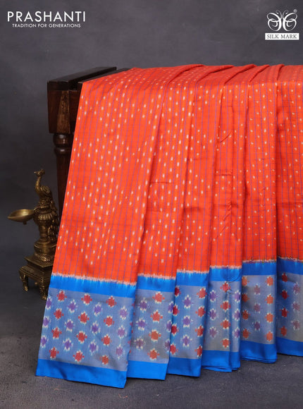 Pochampally silk saree orange and cs blue with allover checks & ikat weaves and zari woven ikat border