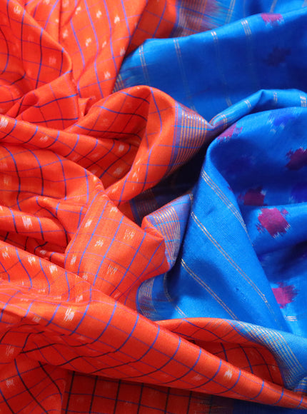 Pochampally silk saree orange and cs blue with allover checks & ikat weaves and zari woven ikat border