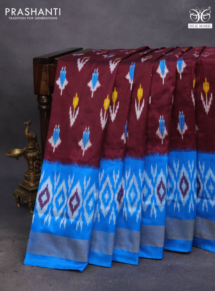 Pochampally silk saree deep maroon and cs blue with allover ikat butta weaves and long ikat woven zari border