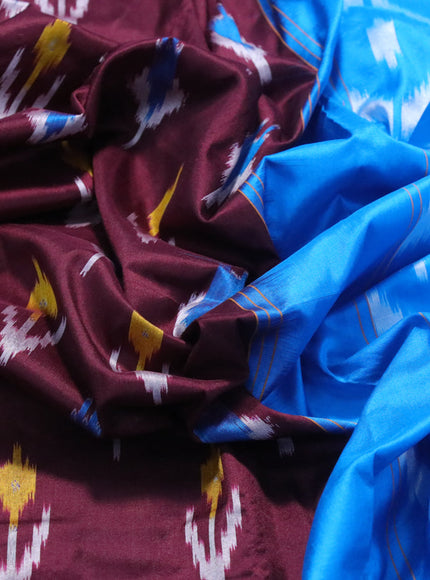 Pochampally silk saree deep maroon and cs blue with allover ikat butta weaves and long ikat woven zari border