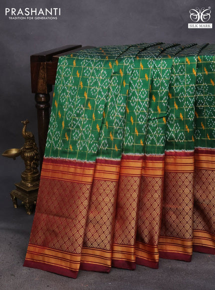 Pochampally silk saree green and maroon with allover zari checks & ikat weaves and long zari woven border