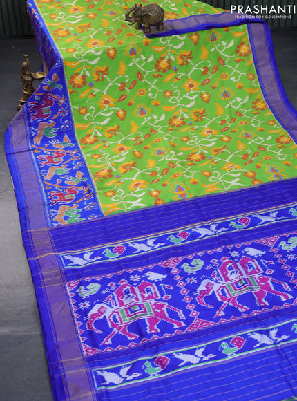 Pochampally silk saree light green and royal blue with allover ikat weaves and long ikat woven zari border