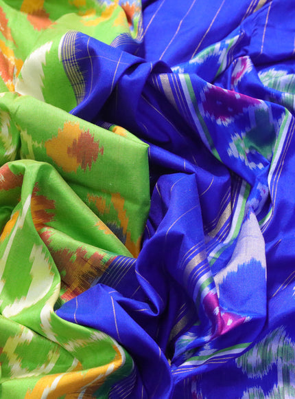 Pochampally silk saree light green and royal blue with allover ikat weaves and long ikat woven zari border