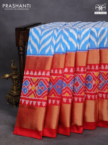 Pochampally silk saree off white light blue and red with allover ikat weaves and long zari woven ikat border