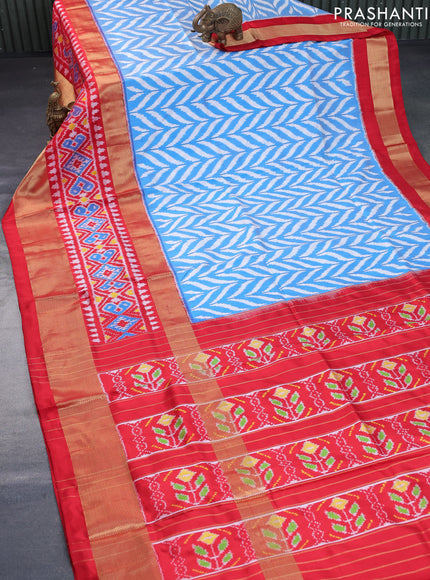 Pochampally silk saree off white light blue and red with allover ikat weaves and long zari woven ikat border