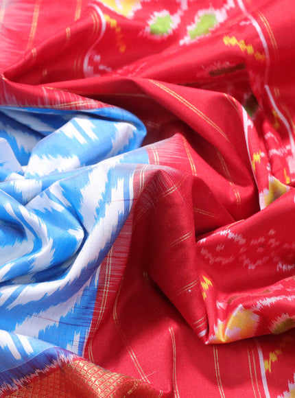 Pochampally silk saree off white light blue and red with allover ikat weaves and long zari woven ikat border