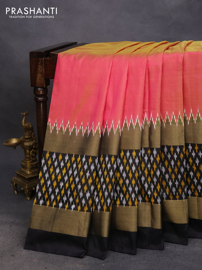 Pochampally silk saree dual shade of pinkish mustard and black with plain body and long zari woven ikat border