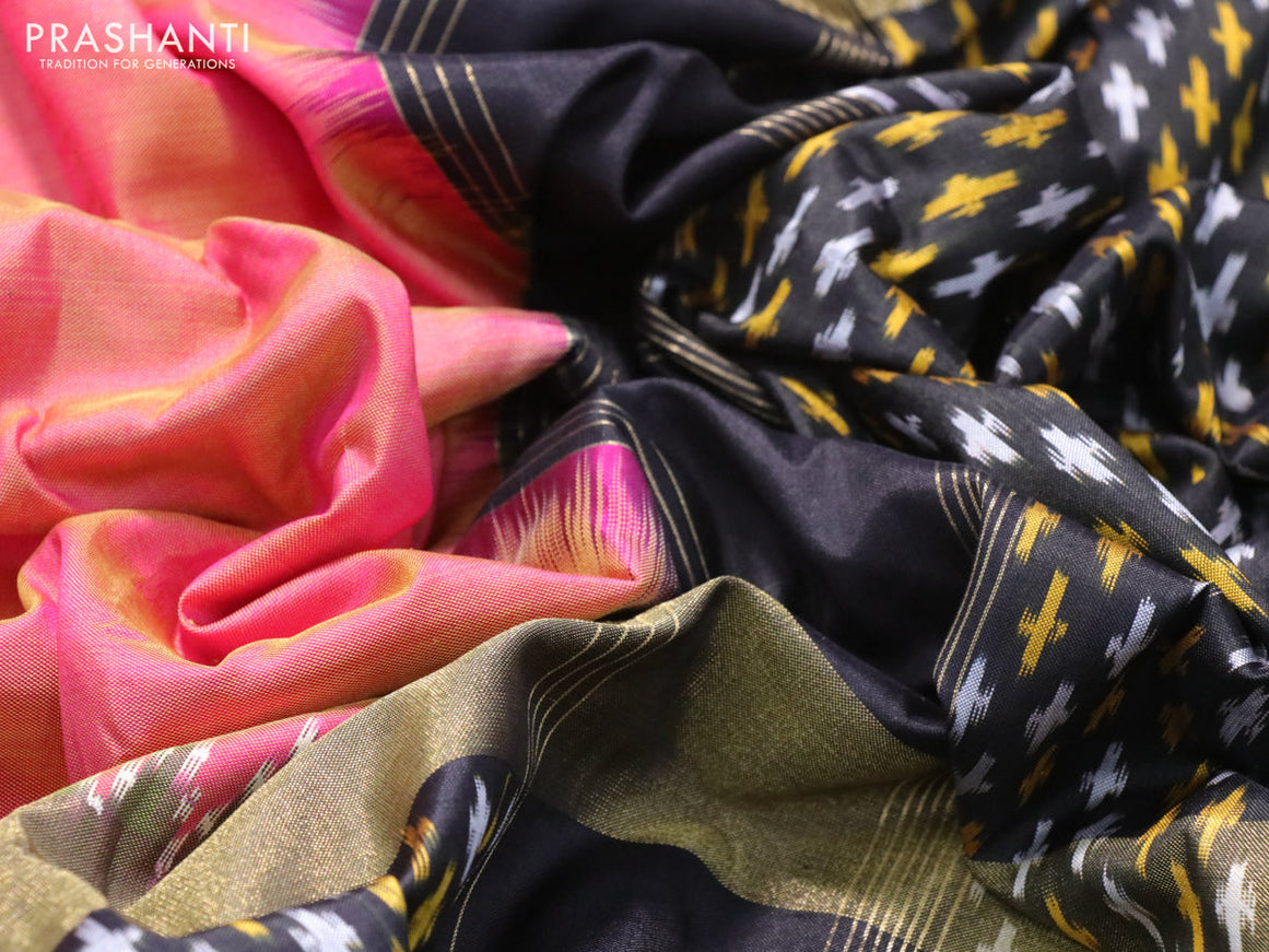 Pochampally silk saree dual shade of pinkish mustard and black with plain body and long zari woven ikat border