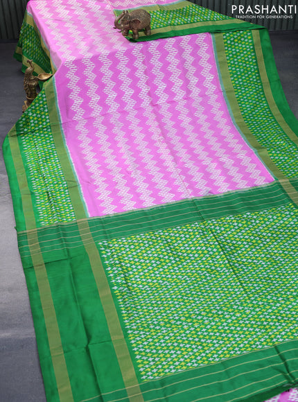 Pochampally silk saree light pink and green with allover ikat weaves and long zari woven ikat border