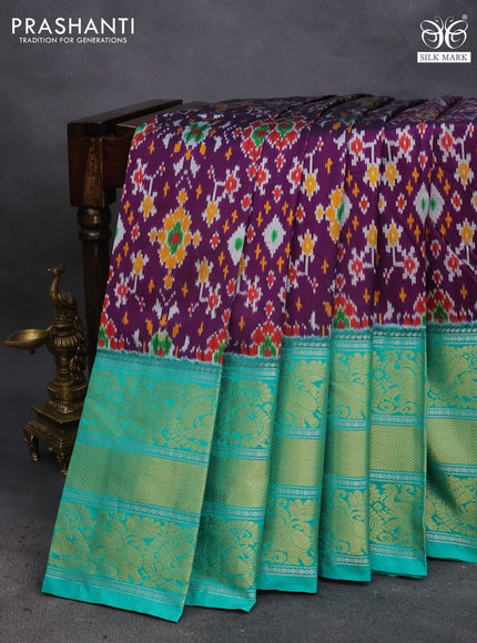 Pochampally silk saree violet and teal green shade with allover ikat weaves and long rich zari woven border