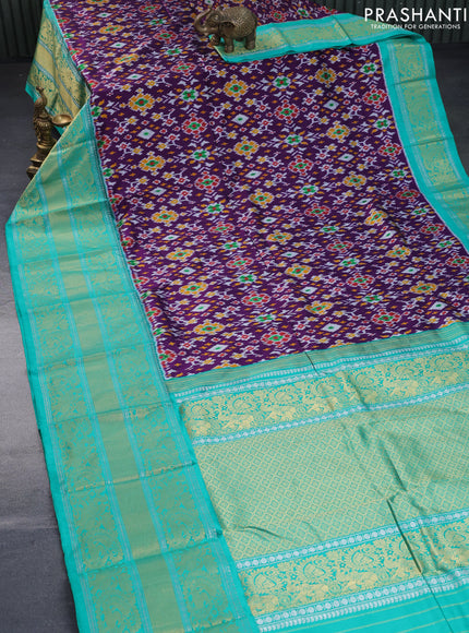 Pochampally silk saree violet and teal green shade with allover ikat weaves and long rich zari woven border