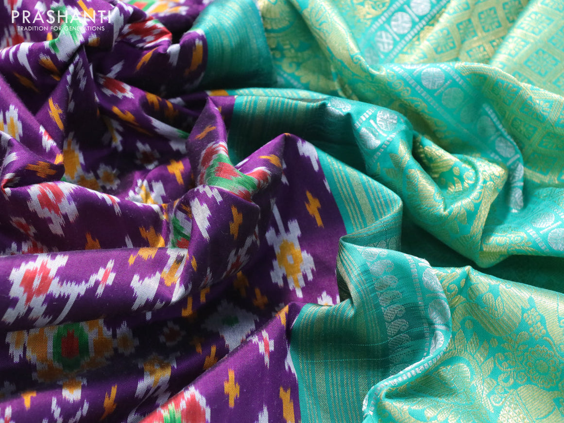 Pochampally silk saree violet and teal green shade with allover ikat weaves and long rich zari woven border