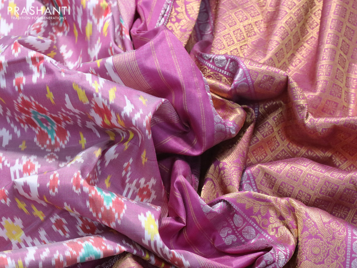 Pochampally silk saree mauve pink with allover ikat weaves and long rich zari woven border