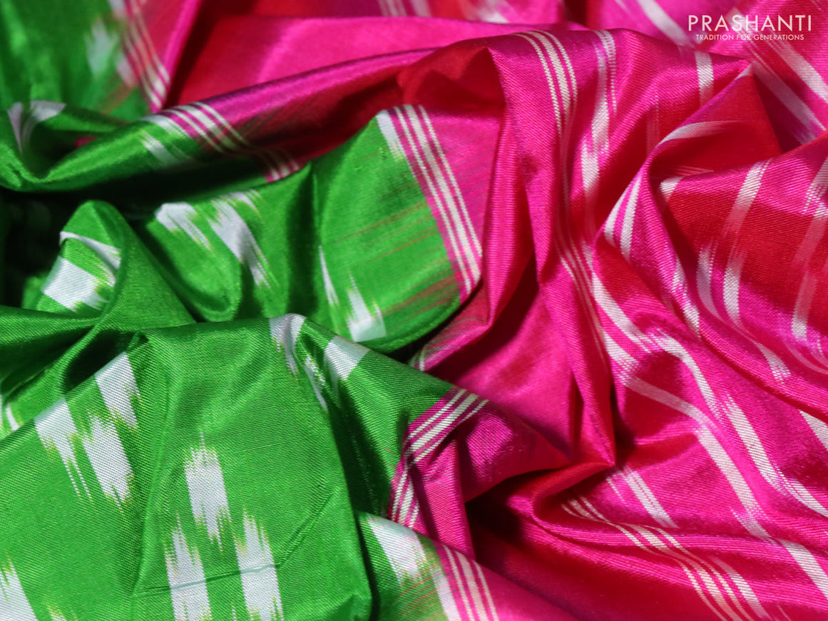 Pochampally silk saree parrot green and pink with allover ikat butta weaves and long zari woven ikat border