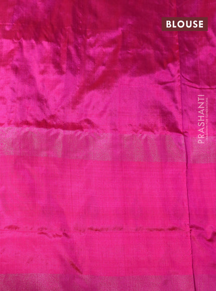 Pochampally silk saree parrot green and pink with allover ikat butta weaves and long zari woven ikat border