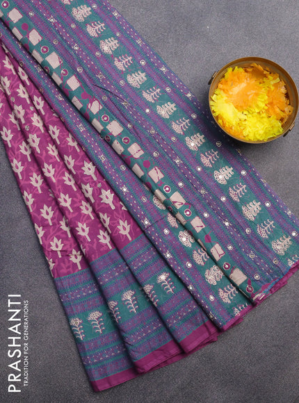 Muslin silk saree purple and green with allover dabu prints & pita work and ajrakh printed border