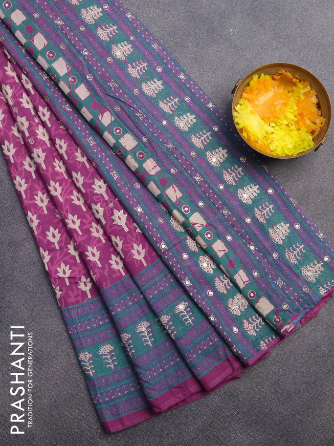 Muslin silk saree purple and green with allover dabu prints & pita work and ajrakh printed border