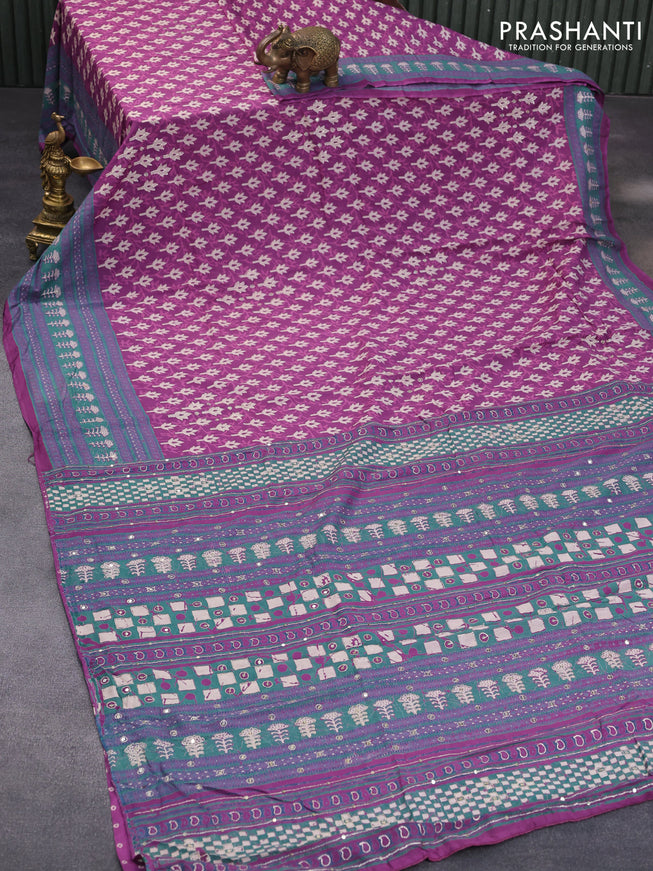 Muslin silk saree purple and green with allover dabu prints & pita work and ajrakh printed border