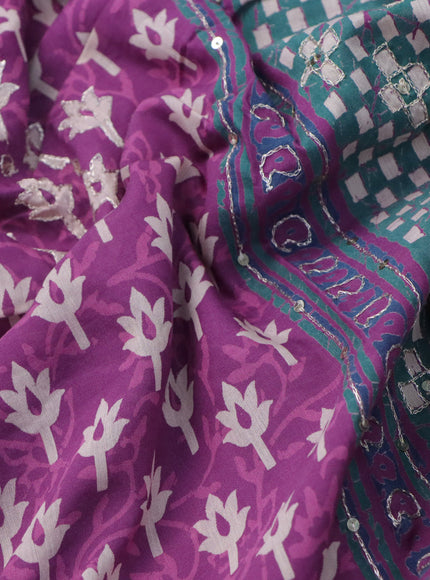 Muslin silk saree purple and green with allover dabu prints & pita work and ajrakh printed border