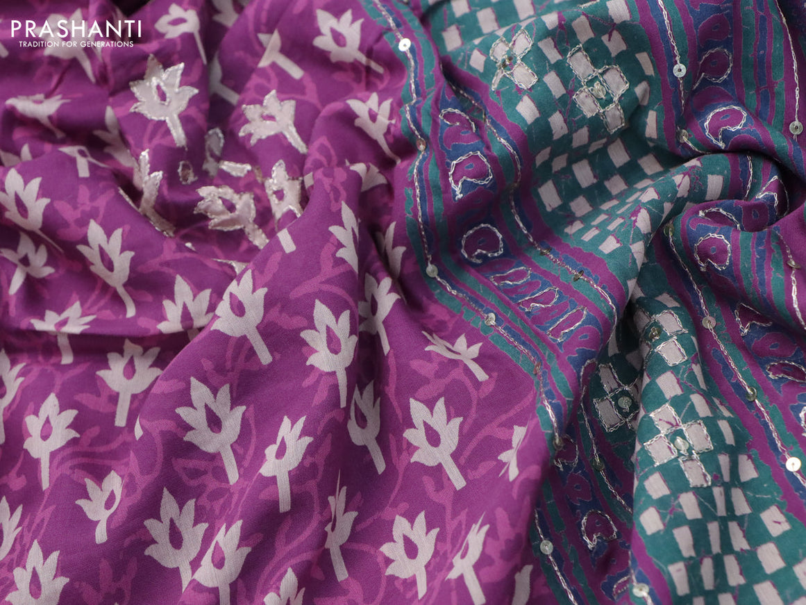 Muslin silk saree purple and green with allover dabu prints & pita work and ajrakh printed border