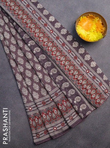 Muslin silk saree grey shade and maroon with allover dabu prints & pita work and ajrakh printed border