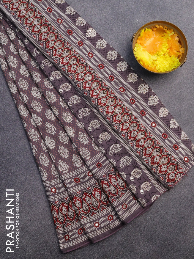 Muslin silk saree grey shade and maroon with allover dabu prints & pita work and ajrakh printed border