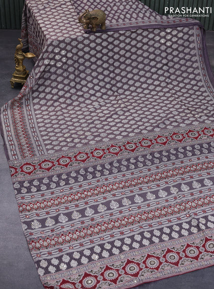 Muslin silk saree grey shade and maroon with allover dabu prints & pita work and ajrakh printed border