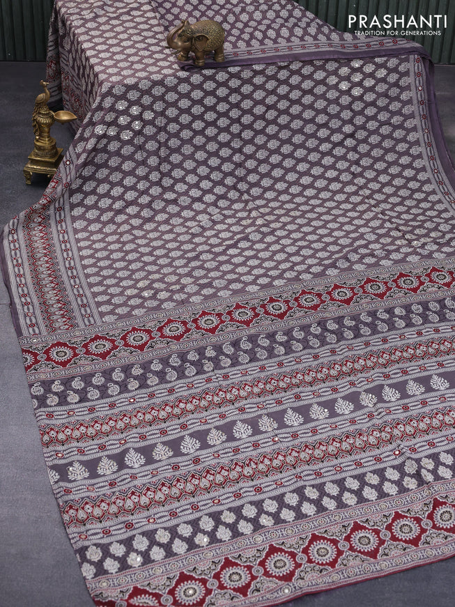 Muslin silk saree grey shade and maroon with allover dabu prints & pita work and ajrakh printed border