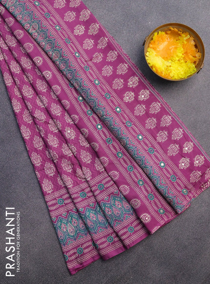 Muslin silk saree purple with allover dabu prints & pita work and ajrakh printed border